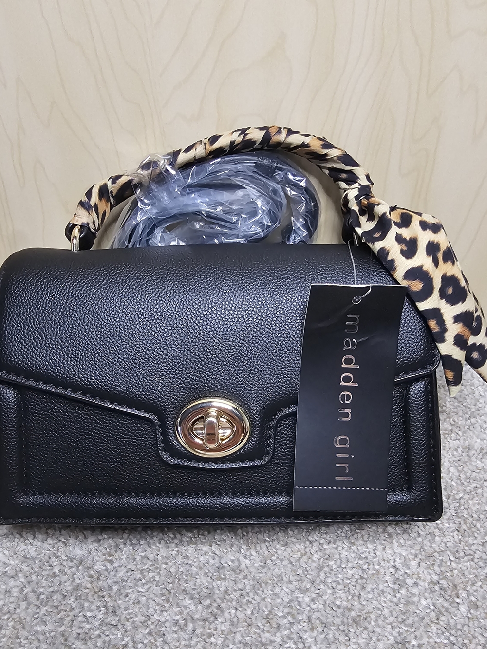 Madden Girl Black Top-Handle Crossbody Bag with Leopard Scarf